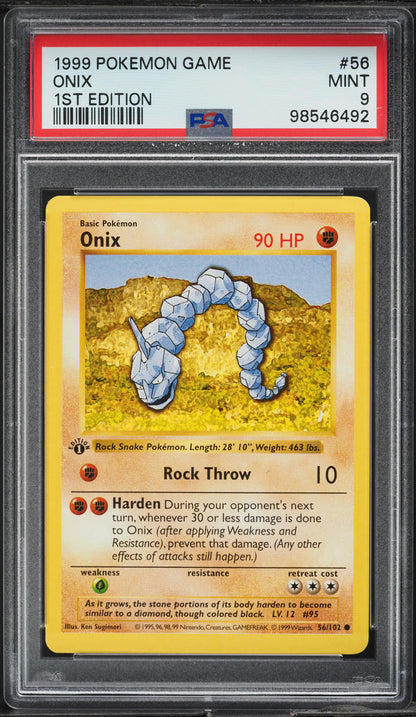 1999 POKEMON BASE SET SHADOWLESS 1ST EDITION ONIX #56 PSA 9 MINT