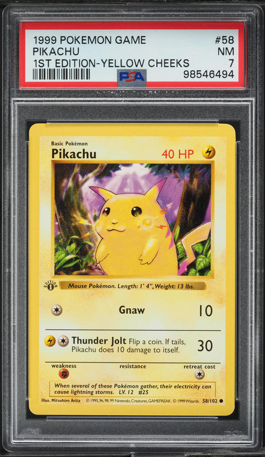 1999 POKEMON BASE SET SHADOWLESS 1ST EDITION YELLOW CHEEKS PIKACHU #58 PSA 7 NRMT