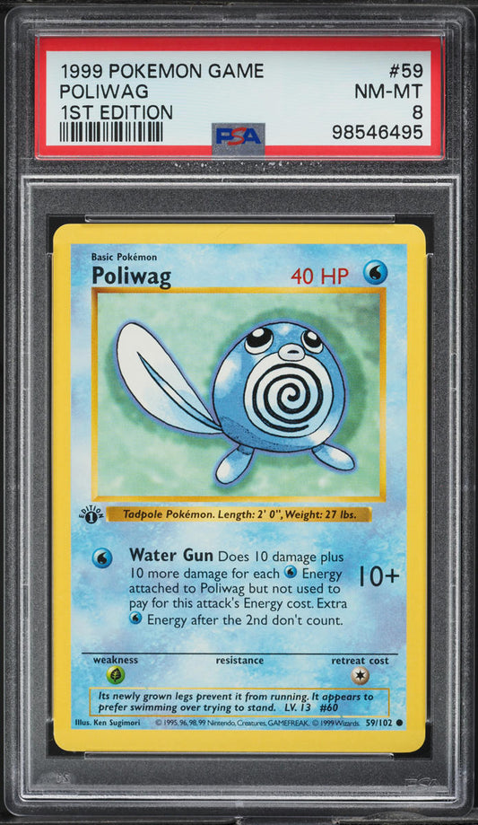 1999 POKEMON BASE SET SHADOWLESS 1ST EDITION POLIWAG #59 PSA 8 NM-MT