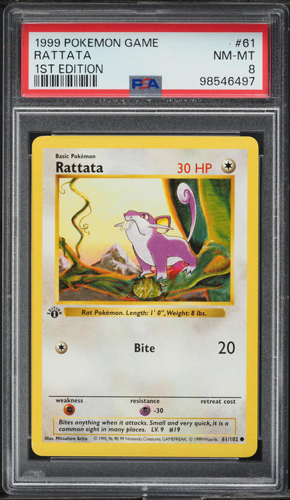 1999 POKEMON BASE SET SHADOWLESS 1ST EDITION RATTATA #61 PSA 8 NM-MT