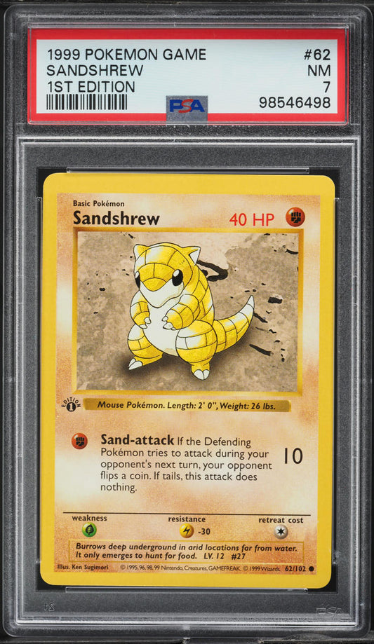 1999 POKEMON BASE SET SHADOWLESS 1ST EDITION SANDSHREW #62 PSA 7 NRMT