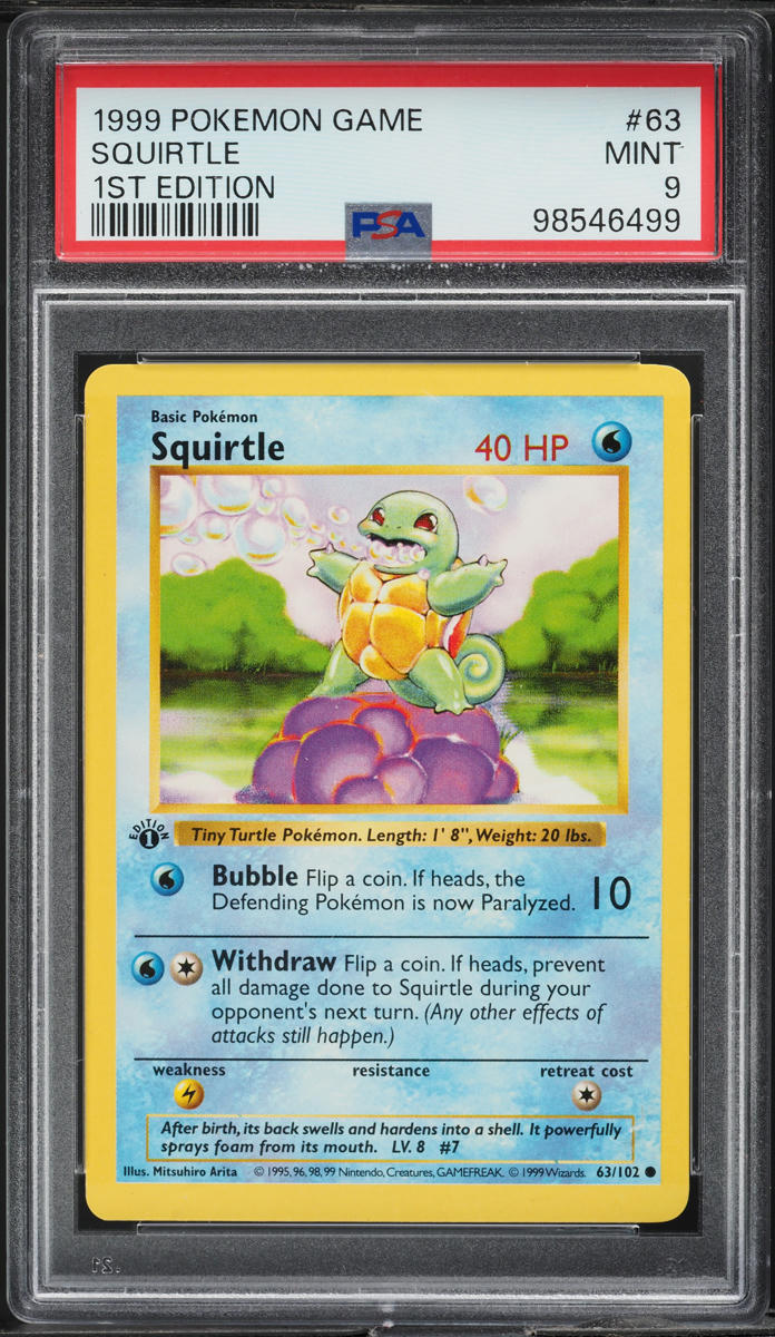 1999 POKEMON BASE SET SHADOWLESS 1ST EDITION SQUIRTLE #63 PSA 9 MINT