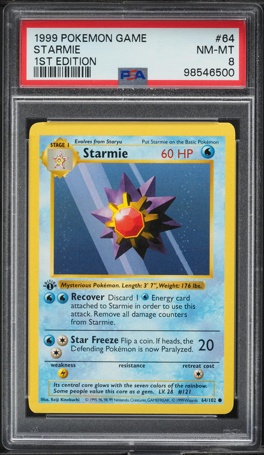 1999 POKEMON BASE SET SHADOWLESS 1ST EDITION STARMIE #64 PSA 8 NM-MT