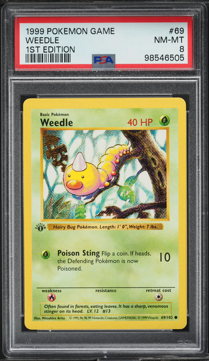 1999 POKEMON BASE SET SHADOWLESS 1ST EDITION WEEDLE #69 PSA 8 NM-MT