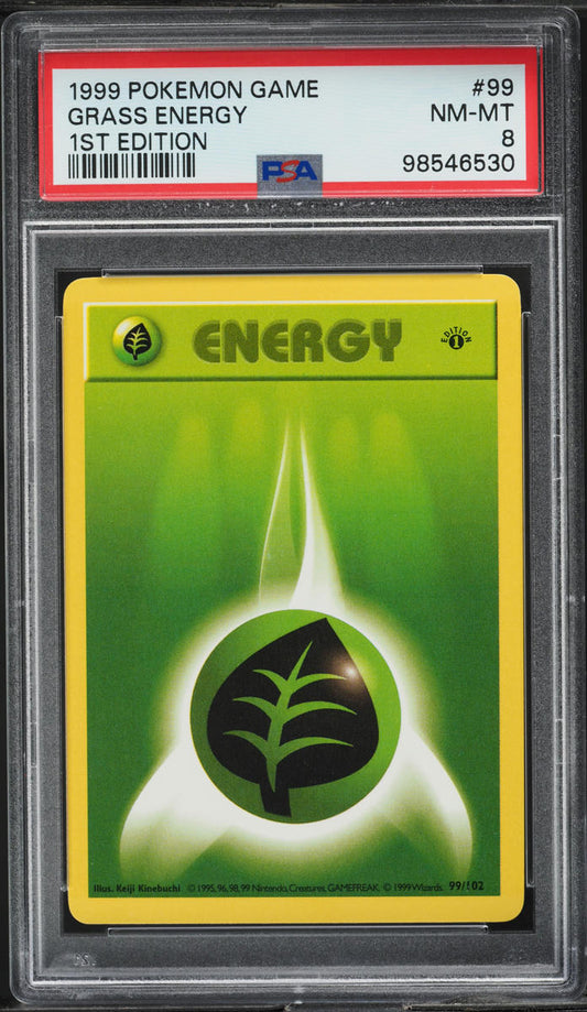 1999 POKEMON BASE SET SHADOWLESS 1ST EDITION GRASS ENERGY #99 PSA 8 NM-MT