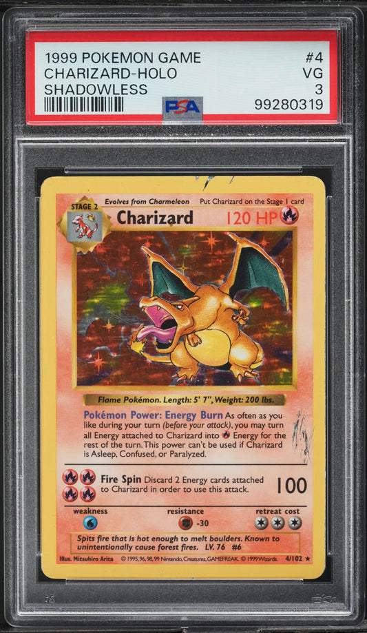 1999 POKEMON BASE SET SHADOWLESS HOLO CHARIZARD #4 PSA 3 VG