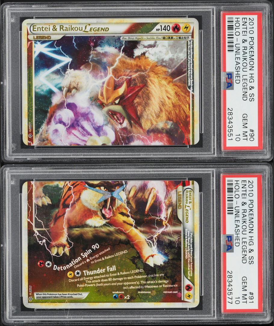 2010 POKEMON HGSS UNLEASHED HOLO ENTEI & RAIKOU LEGEND PAIR PSA 10