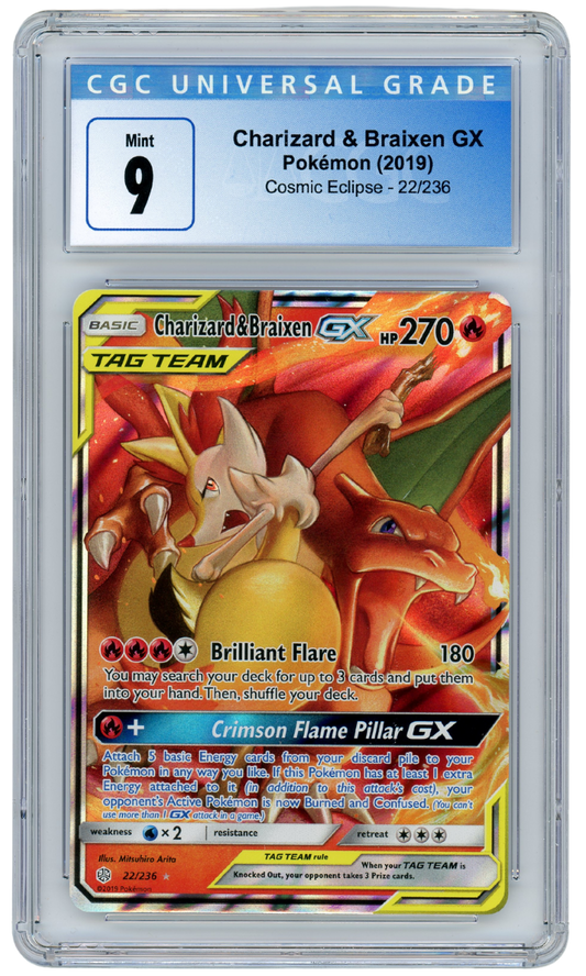 Charizard & Braixen GX Cosmic Eclipse 22/236 2019 Pokemon CGC 9 (#1180)