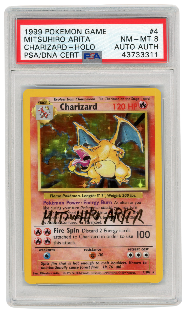 PSA 8 Mitsuhiro Arita Signed Charizard Base Set Unlimited Holo #4 1999 Pokemon (#9201)