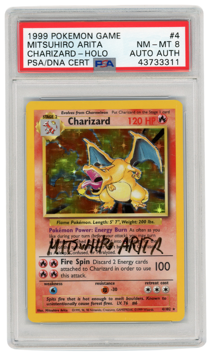 PSA 8 Mitsuhiro Arita Signed Charizard Base Set Unlimited Holo #4 1999 Pokemon (#9201)