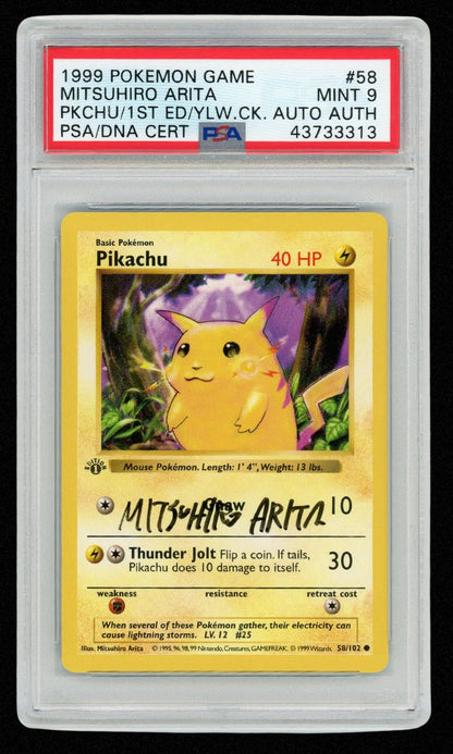 Mitsuhiro Arita Signed Pikachu 1st Edition Shadowless Base Set #58 PSA 9 Auto Auth 1999 #1421