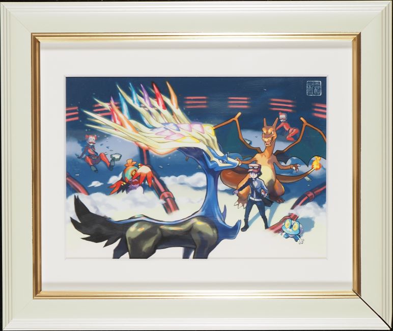 2014 POKEMON CENTER GALLERY COLLECTION 09 KEN SUGIMORI XERNEAS & CHARIZARD FRAMED ART PRINT