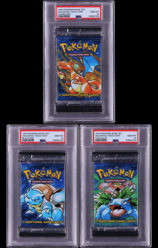 1999 POKEMON BASE SET BLASTOISE CHARIZARD VENUSAUR THICK FONT BOOSTER PACKS PSA 10 *SEQUENTIAL CERTIFICATION NUMBERS*